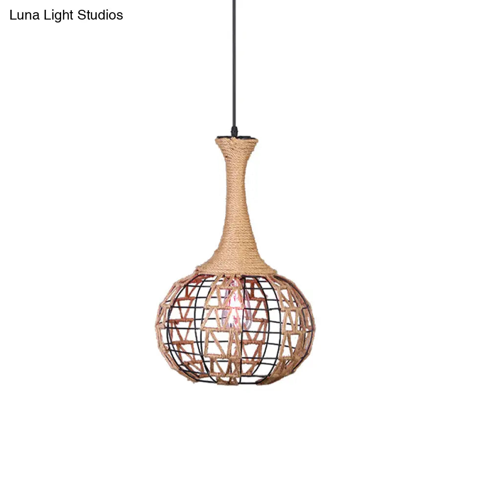 Beige Nautical Globe Cage Pendant Light With Metal & Rope Suspension - Ideal For Dining Room 1