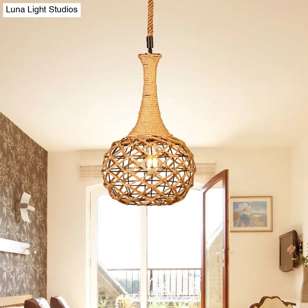 Beige Nautical Globe Cage Pendant Light With Metal & Rope Suspension - Ideal For Dining Room 1