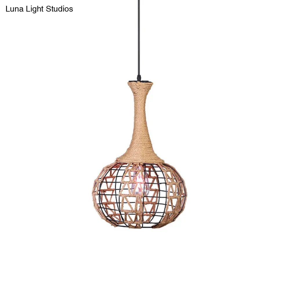 Nautical Globe Cage Pendant Light - Metal And Rope Suspension In Beige For Dining Room