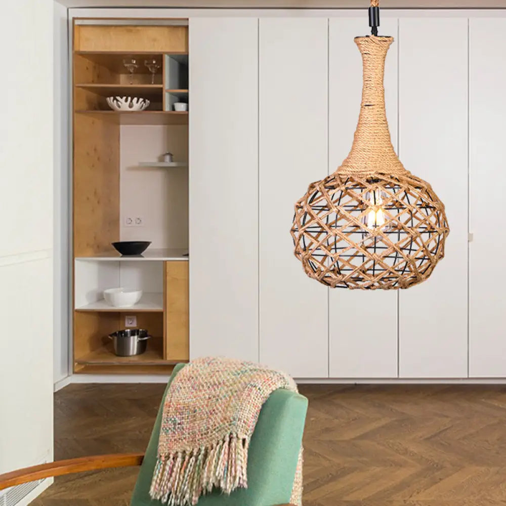 Beige Nautical Globe Cage Pendant Light With Metal & Rope Suspension - Ideal For Dining Room 1 /