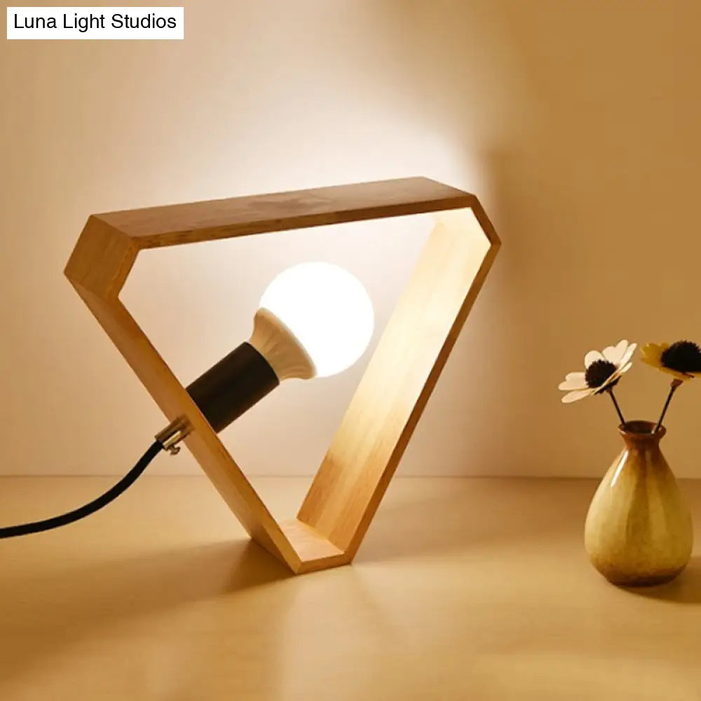 Beige Night Light Table Lamp With Wooden Triangular Frame For Bedroom