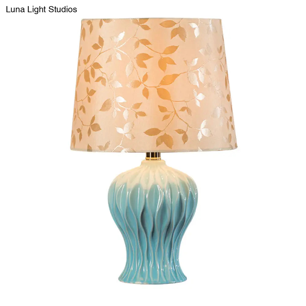 Beige Night Light With Leaf-Printed Fabric Shade - Traditional Table Lamp Blue Urn Base