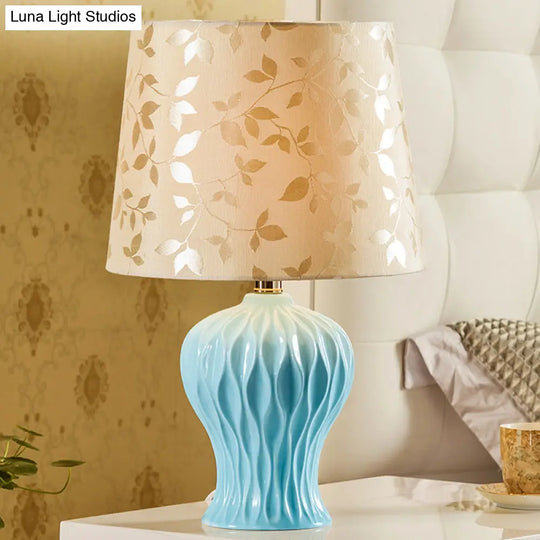 Beige Night Light With Leaf-Printed Fabric Shade - Traditional Table Lamp Blue Urn Base