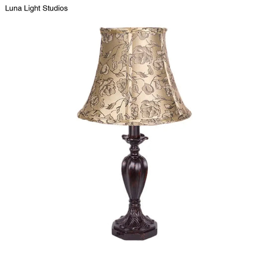 Beige Nightstand Lamp With Bell Shade - Antique Flower Pattern Resin Font Design