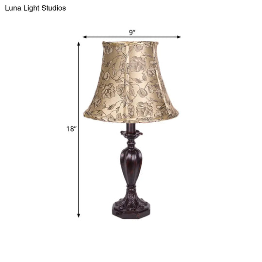 Beige Nightstand Lamp With Bell Shade - Antique Flower Pattern Resin Font Design