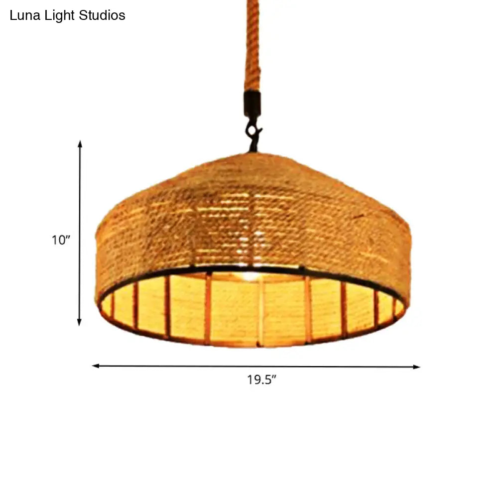 Beige 1-Head Pendant Light Fixture With Antiqued Rope Mongolian Yurts Shape Hand Woven Design -