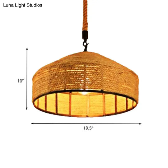 Beige 1-Head Pendant Light Fixture With Antiqued Rope Mongolian Yurts Shape Hand Woven Design -