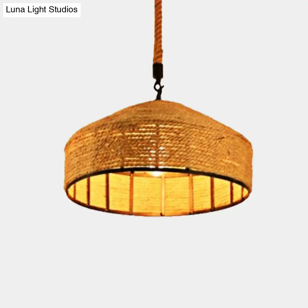 Beige 1-Head Pendant Light Fixture With Antiqued Rope Mongolian Yurts Shape Hand Woven Design -