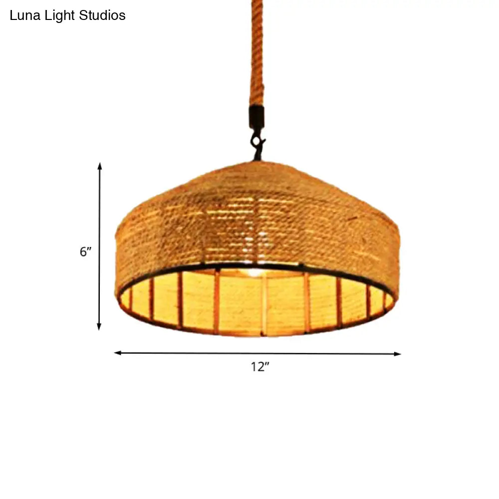 Beige Pendant Light Fixture - Hand-Woven Mongolian Yurts Design With Antiqued Rope