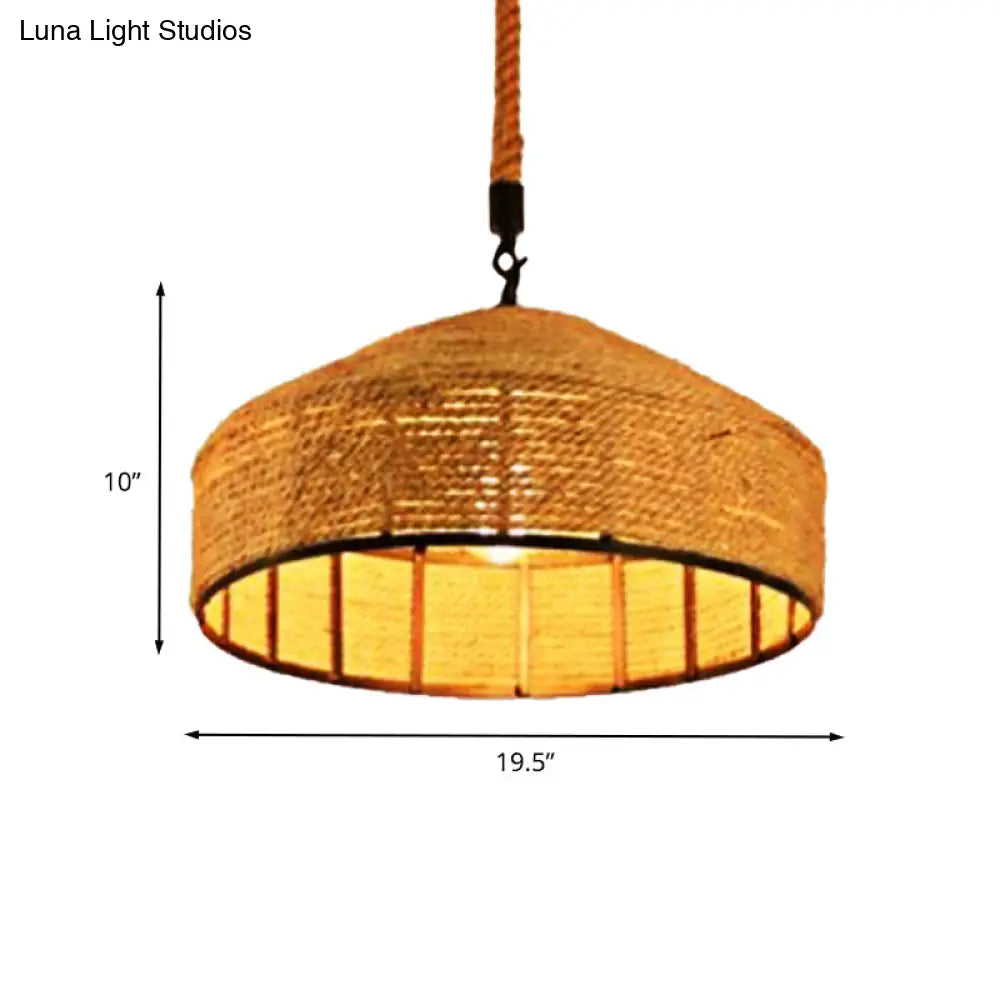 Beige Pendant Light Fixture - Hand-Woven Mongolian Yurts Design With Antiqued Rope