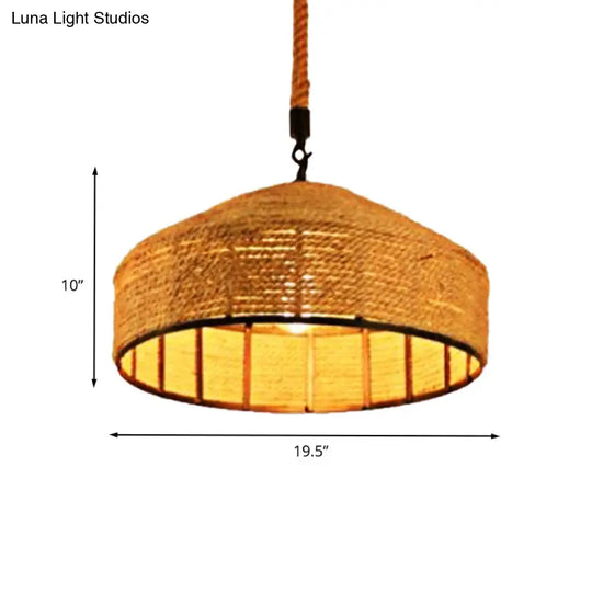 Beige Pendant Light Fixture - Hand-Woven Mongolian Yurts Design With Antiqued Rope