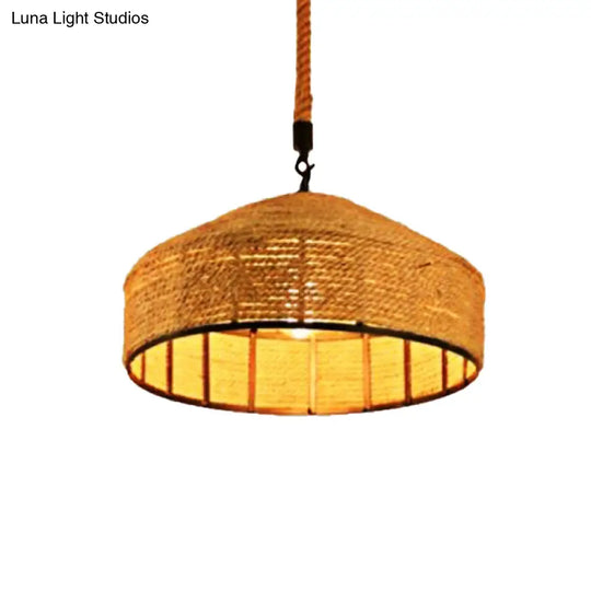 Beige 1-Head Pendant Light Fixture With Antiqued Rope Mongolian Yurts Shape Hand Woven Design -