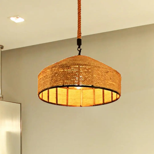 Beige Pendant Light Fixture - Hand-Woven Mongolian Yurts Design With Antiqued Rope