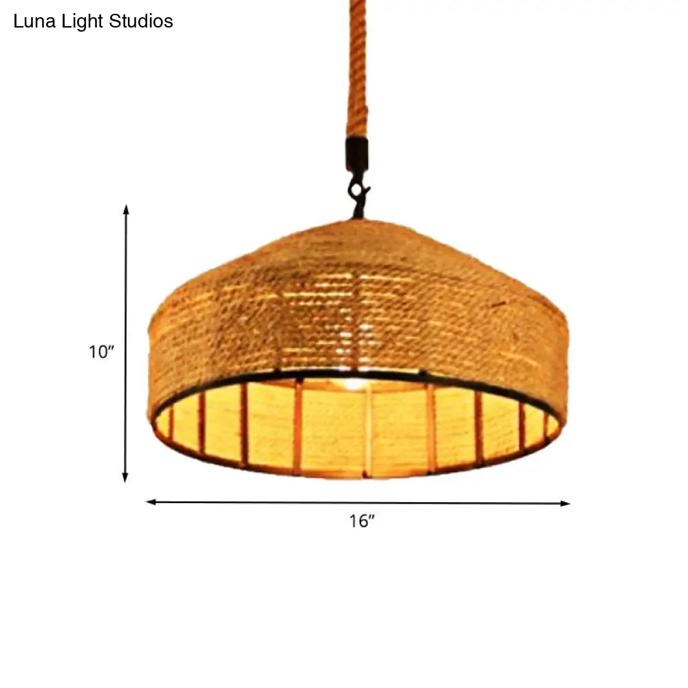 Beige 1-Head Pendant Light Fixture With Antiqued Rope Mongolian Yurts Shape Hand Woven Design -