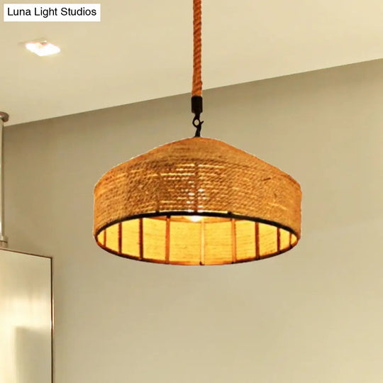 Beige 1-Head Pendant Light Fixture With Antiqued Rope Mongolian Yurts Shape Hand Woven Design -