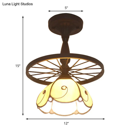 Beige Petal Shaped Ceiling Light With Tiffany Glass For Cafe - Semi Flush 1