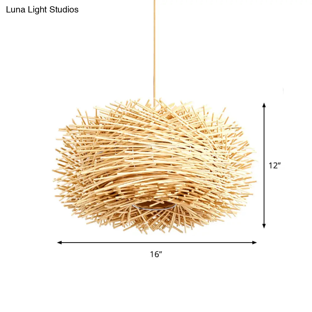 Beige Rattan Nest Shape Ceiling Pendant Light Kit - Asian Style