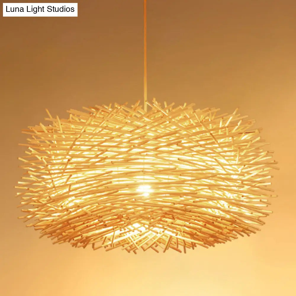 Beige Rattan Nest Shape Ceiling Pendant Light Kit - Asian Style