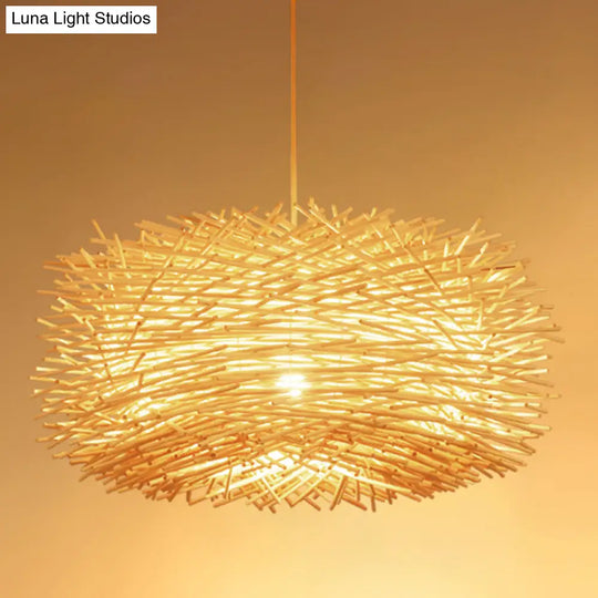 Beige Rattan Nest Shape Ceiling Pendant Light Kit - Asian Style