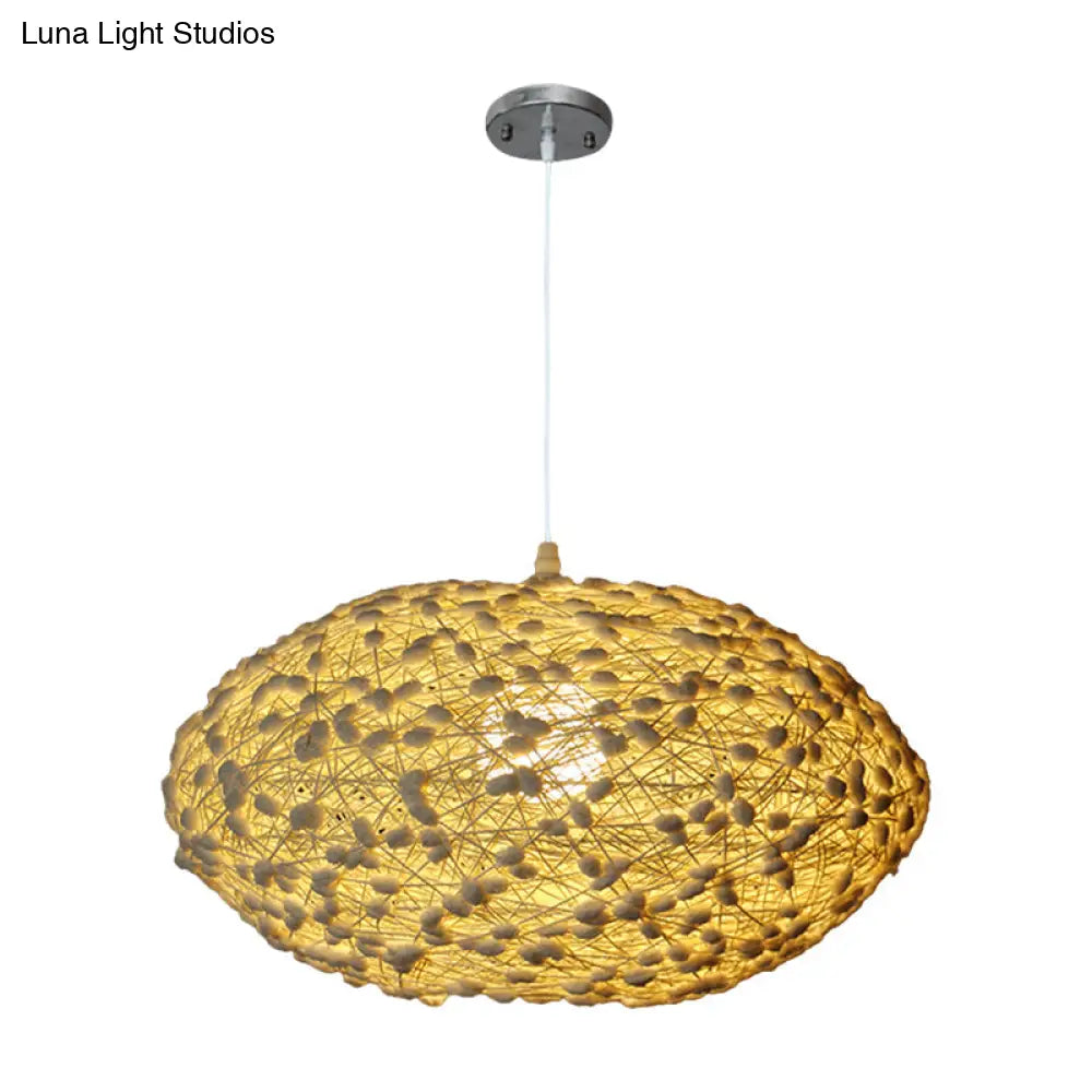 Beige Rattan Oval Pendant Lamp - Asian Style Bedroom Lighting