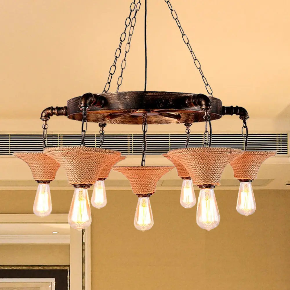 Beige Rope Chandelier With Flared Shade - Country Style Multi Light Hanging Lamp For Living Room