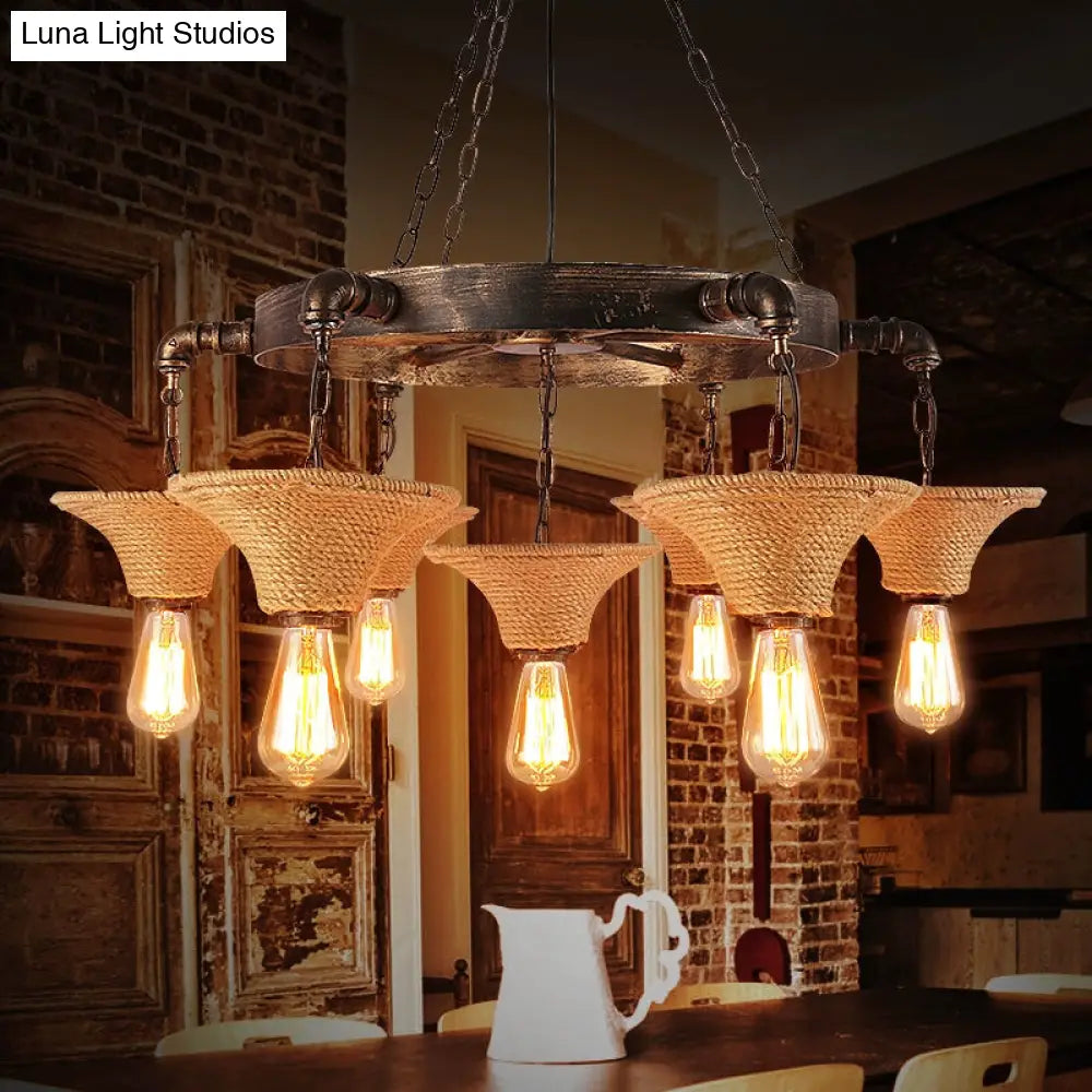 Country Style Beige Rope Chandelier With Flared Shade Multi Light Hanging Lamp For Living Room