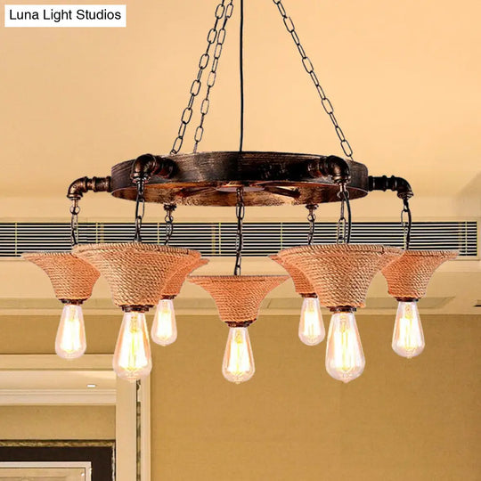 Country Style Beige Rope Chandelier With Flared Shade Multi Light Hanging Lamp For Living Room