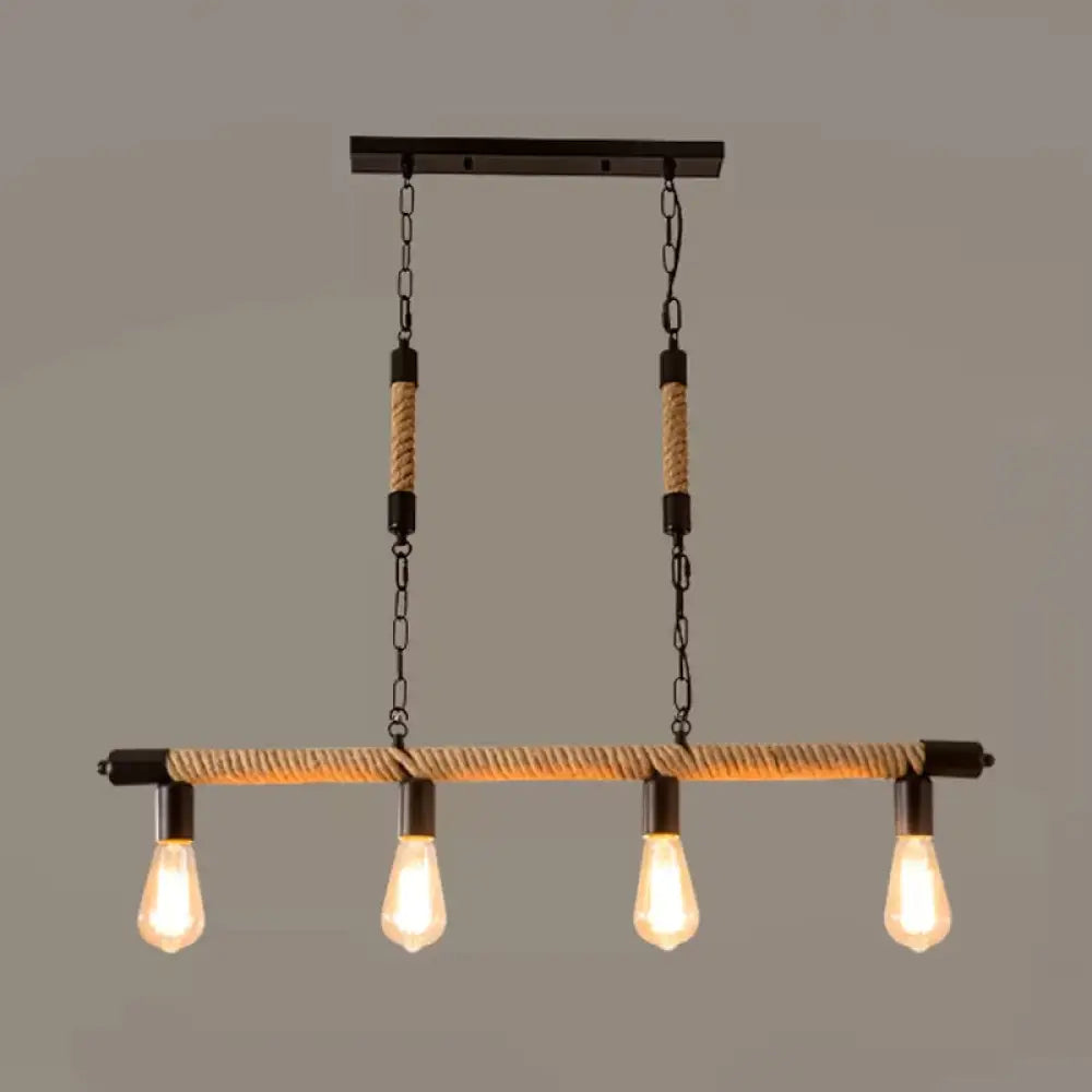 Beige Rope Island Light Fixture - Industrial Linear 4-Light Pendant With Bare Bulb Design