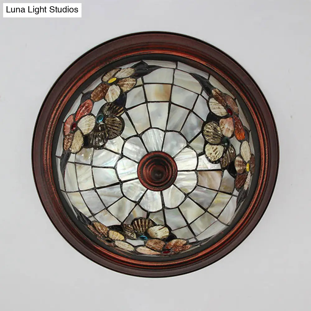 Beige Round Flushmount Lodge Stained Glass Ceiling Light Fixture With Floral/Geometric Elements