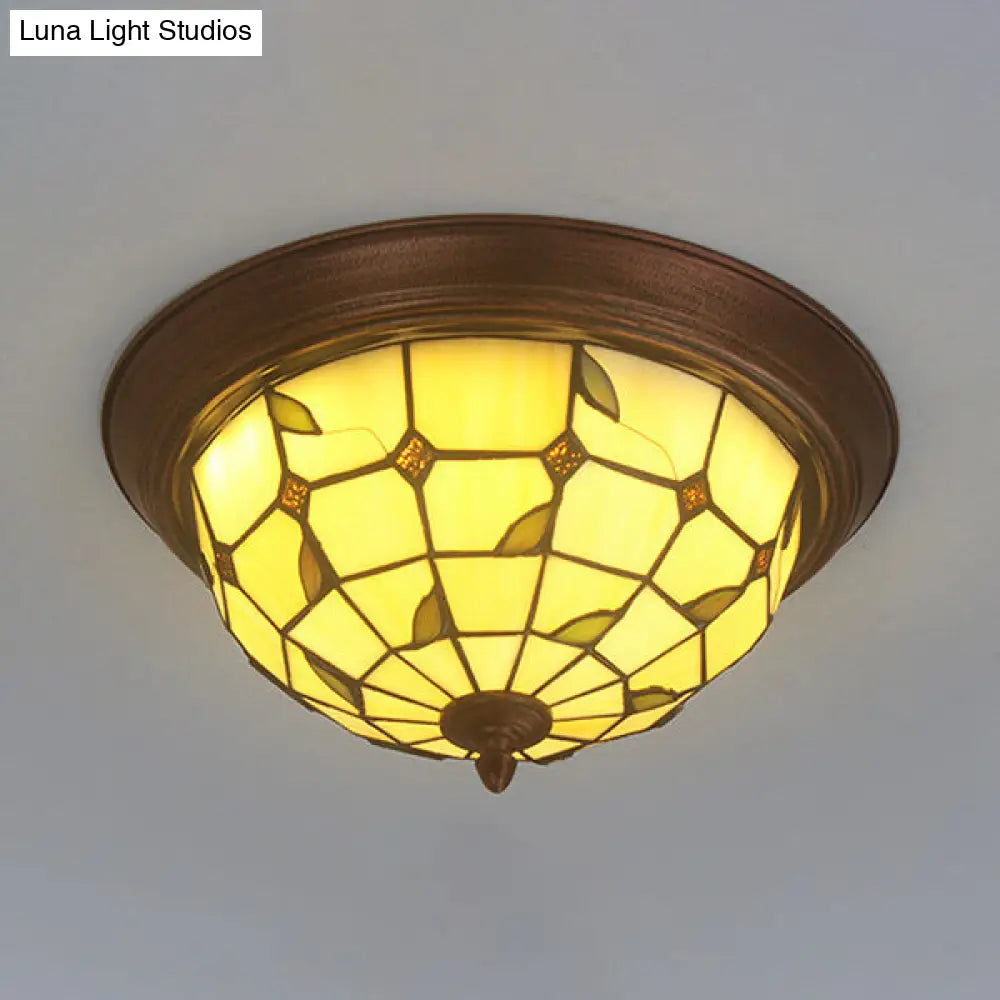 Beige Round Flushmount Lodge Stained Glass Ceiling Light Fixture With Floral/Geometric Elements /
