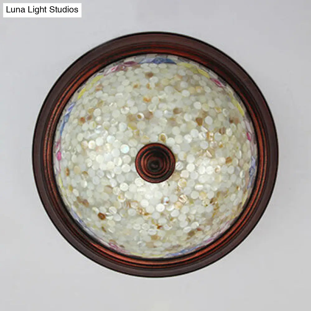 Beige Round Flushmount Lodge Stained Glass Ceiling Light Fixture With Floral/Geometric Elements