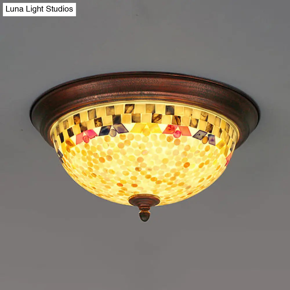 Beige Round Flushmount Lodge Stained Glass Ceiling Light Fixture With Floral/Geometric Elements /