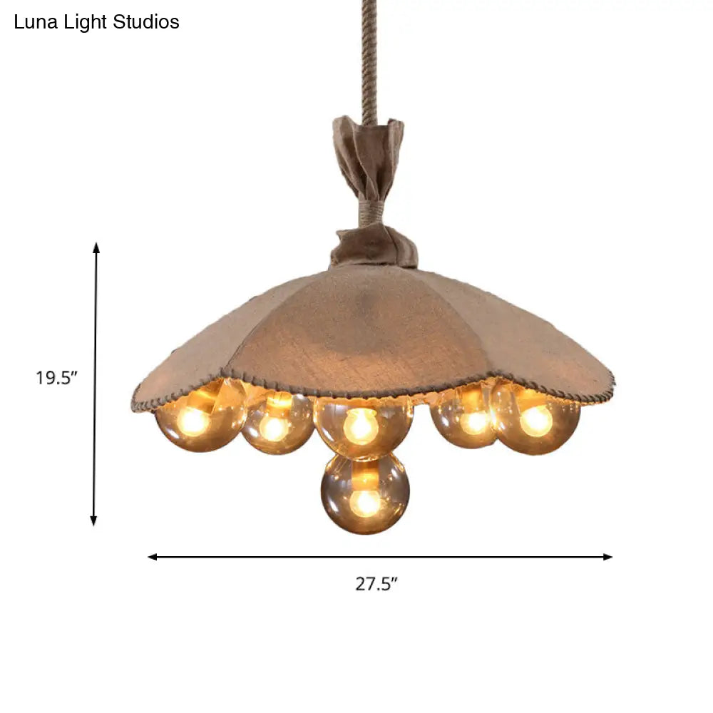 Beige Scalloped Fabric Pendant Light With Inner Glass Ball Shade - Lodge 6-Head Chandelier For