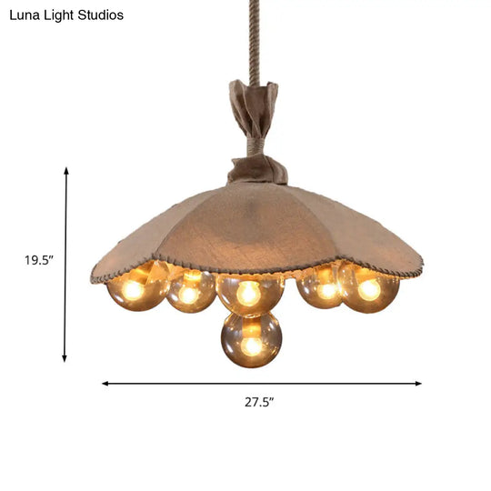 Beige Scalloped Fabric Pendant Light With Inner Glass Ball Shade - Lodge 6-Head Chandelier For