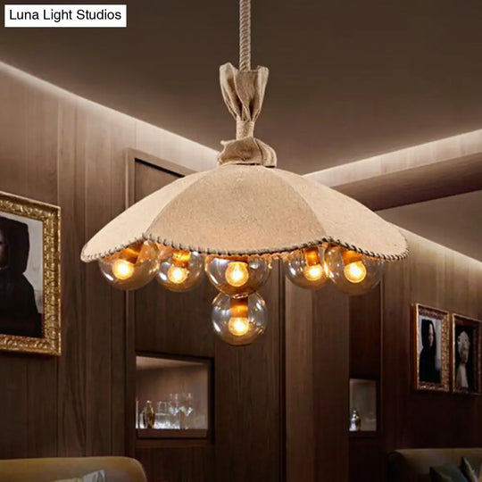 Beige Scalloped Fabric Pendant Light With Inner Glass Ball Shade - Lodge 6-Head Chandelier For