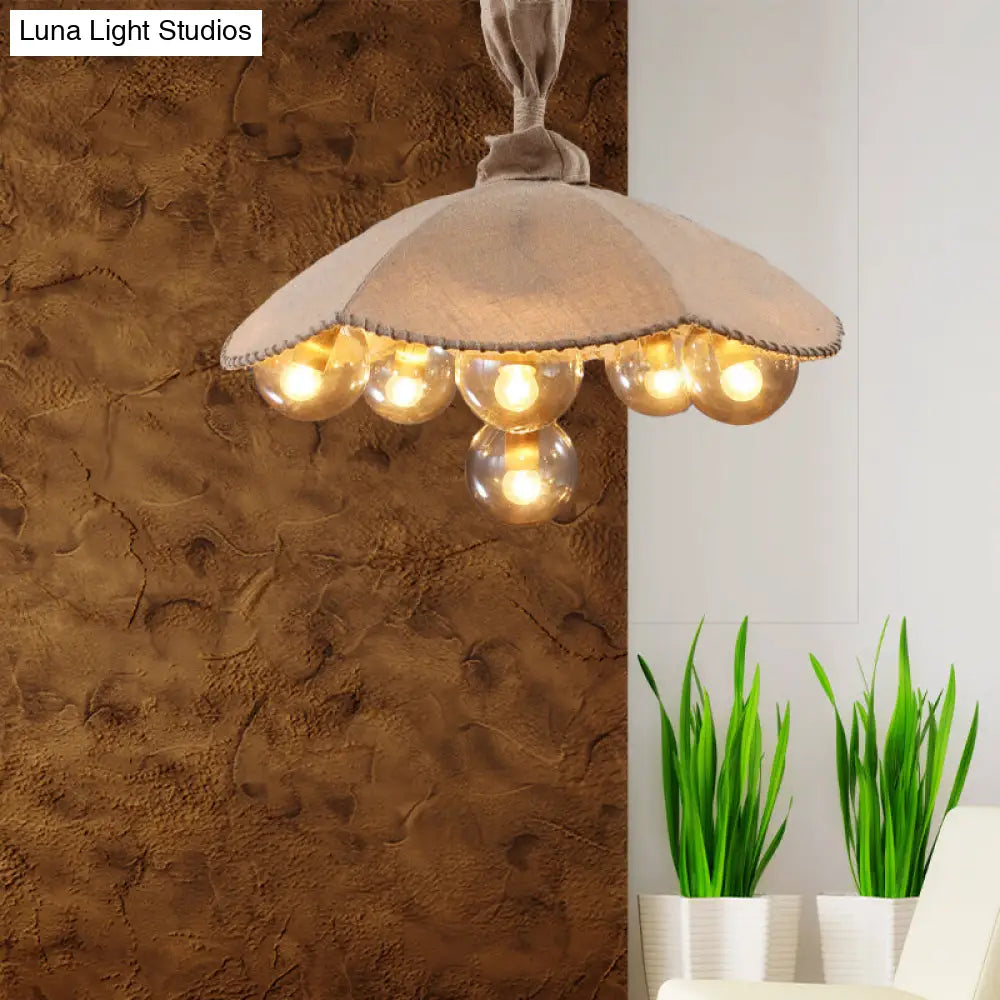 Beige Scalloped Fabric Pendant Light With Inner Glass Ball Shade - Lodge 6-Head Chandelier For