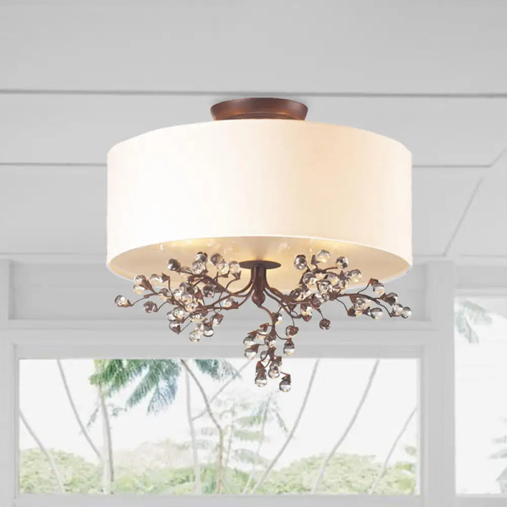 Beige Semi Flush Crystal Drum Ceiling Light Fixture - Traditional Design For Living Room 3 /