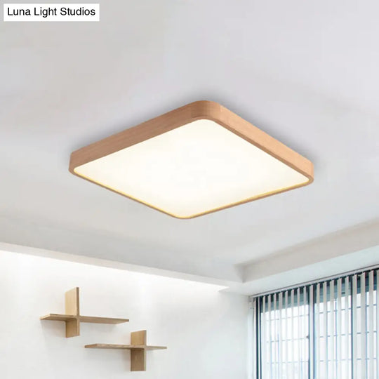 Beige Square Flush Mount Led Ceiling Lighting Fixture - Modern Wood Design In White Or Warm Light