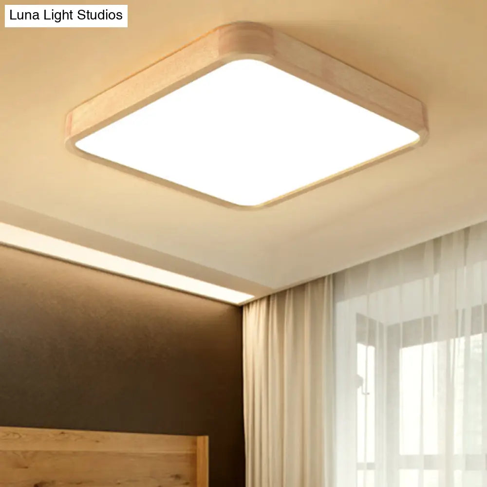 Beige Square Flush Mount Led Ceiling Lighting Fixture - Modern Wood Design In White Or Warm Light