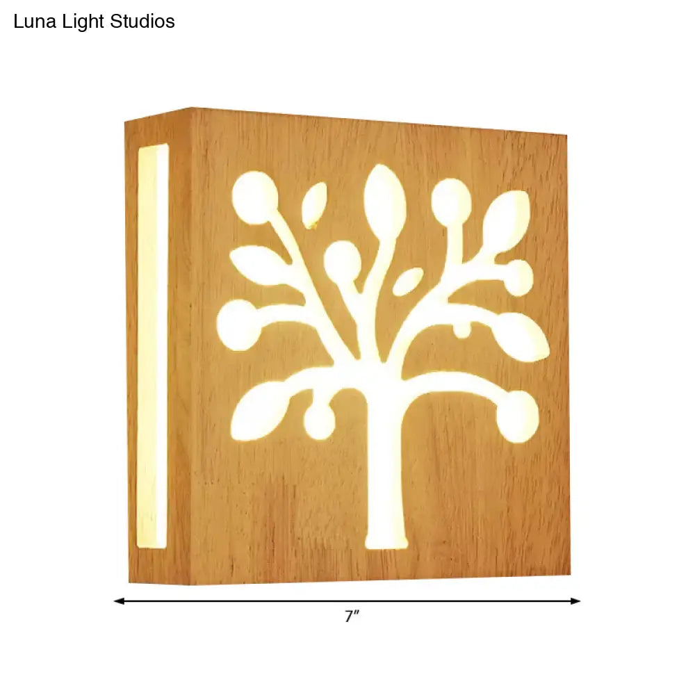 Beige Square Sconce Light: Tree Kids Wood Wall Light For Cozy Child Bedroom