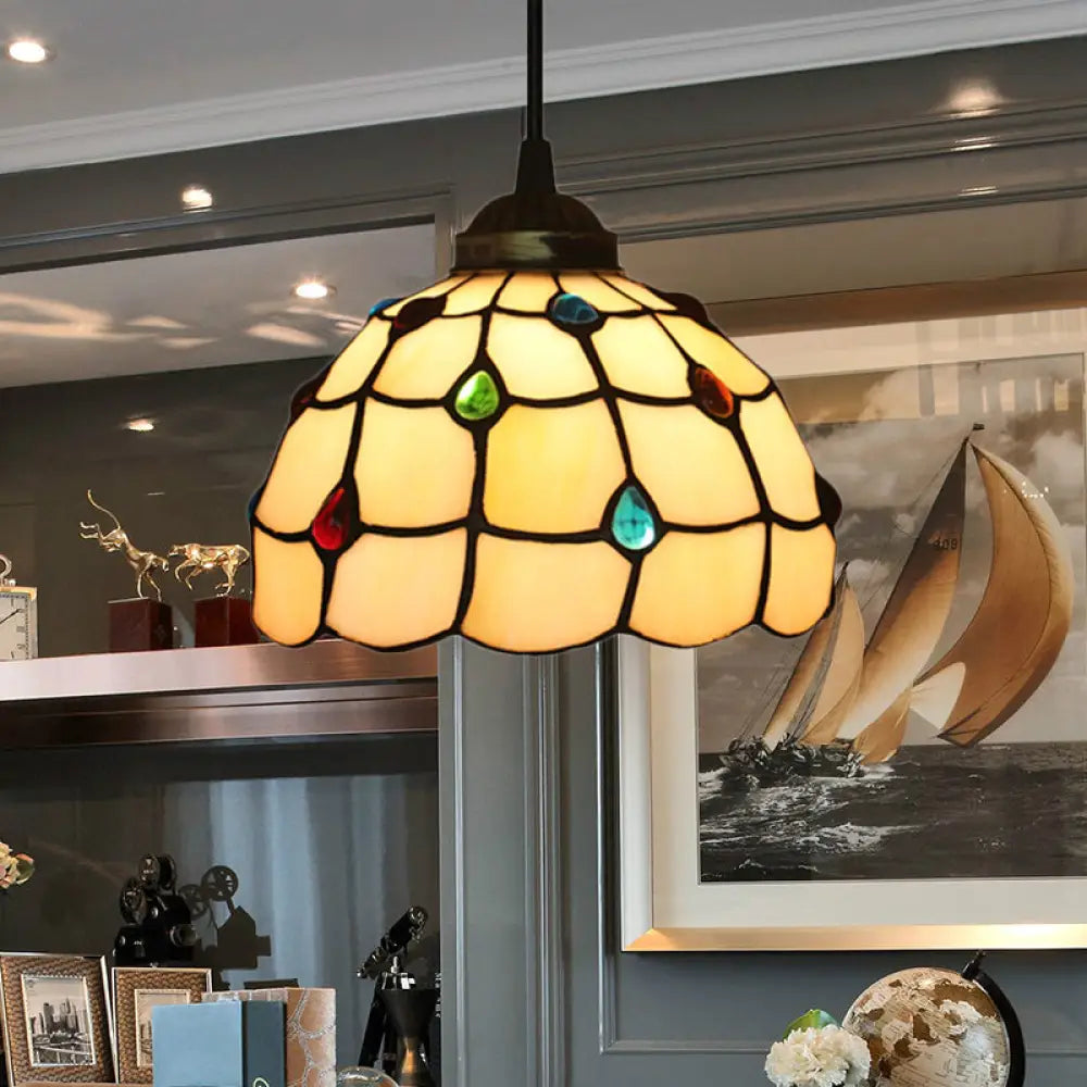 Beige Stained Glass Pendant Lamp With Beaded Detailing - Tiffany Hanging Light Kit For Study