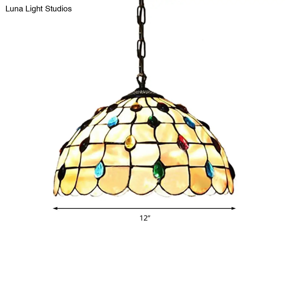 Beige Stained Glass Pendant Lamp With Beaded Detailing - Tiffany Hanging Light Kit For Study