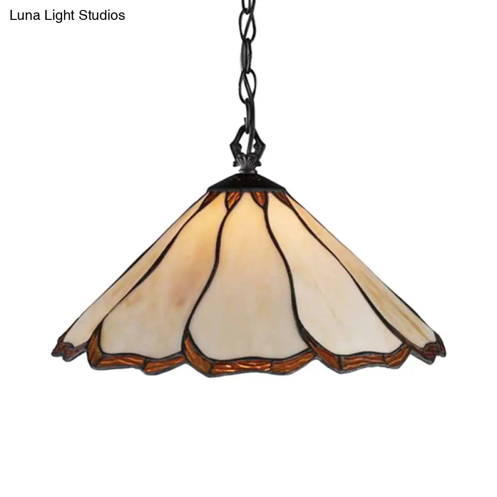 Beige Stained Glass Tiffany-Style Pendant Light For Bedroom 1-Bulb Flared Hanging Design
