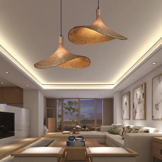 Beige Straw Hat Shape Hanging Lamp Kit Asian 1-Light Rattan Ceiling Pendant Light For Dining Table