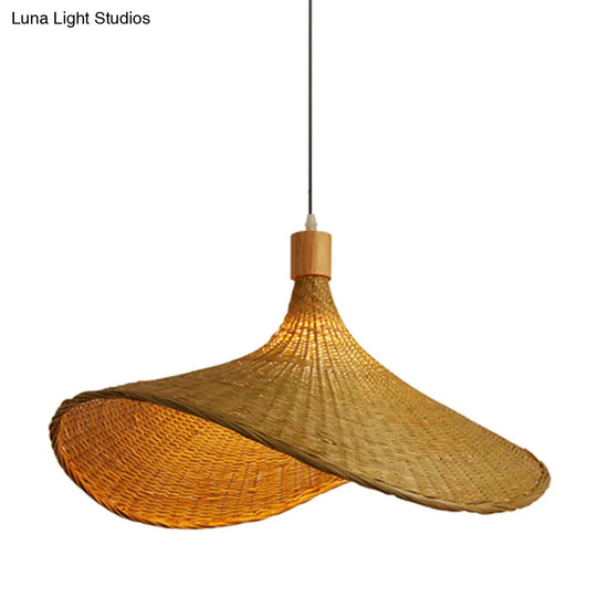 Beige Straw Hat Shape Hanging Lamp Kit Asian 1-Light Rattan Ceiling Pendant Light For Dining Table