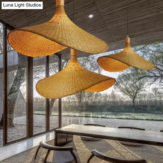 Beige Straw Hat Shape Hanging Lamp Kit Asian 1-Light Rattan Ceiling Pendant Light For Dining Table