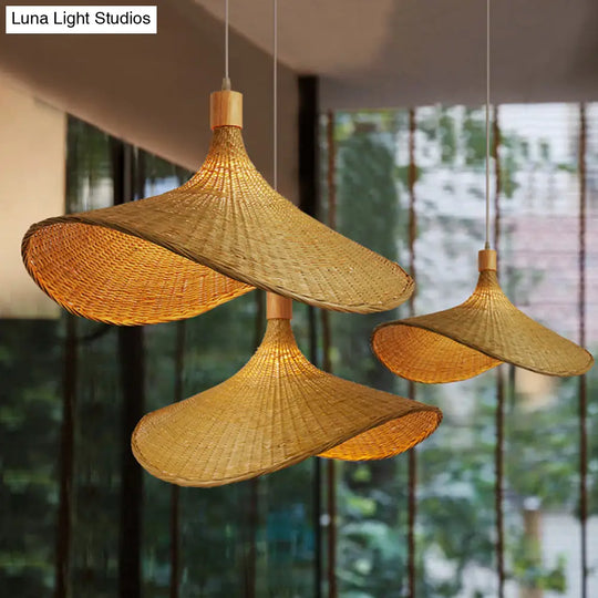 Beige Straw Hat Shape Hanging Lamp Kit Asian 1-Light Rattan Ceiling Pendant Light For Dining Table