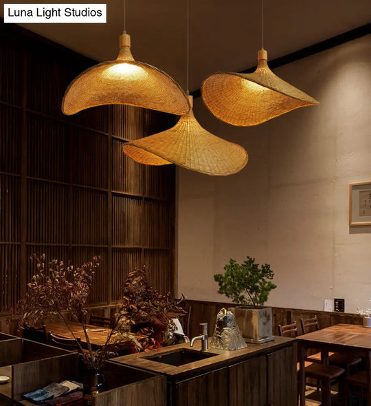 Beige Straw Hat Shape Hanging Lamp Kit Asian 1-Light Rattan Ceiling Pendant Light For Dining Table