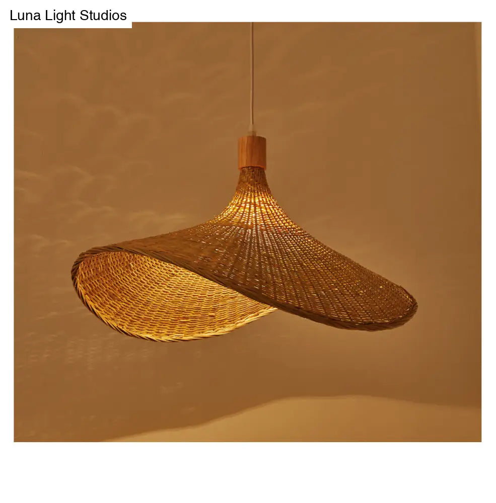 Beige Straw Hat Shape Hanging Lamp Kit Asian 1-Light Rattan Ceiling Pendant Light For Dining Table