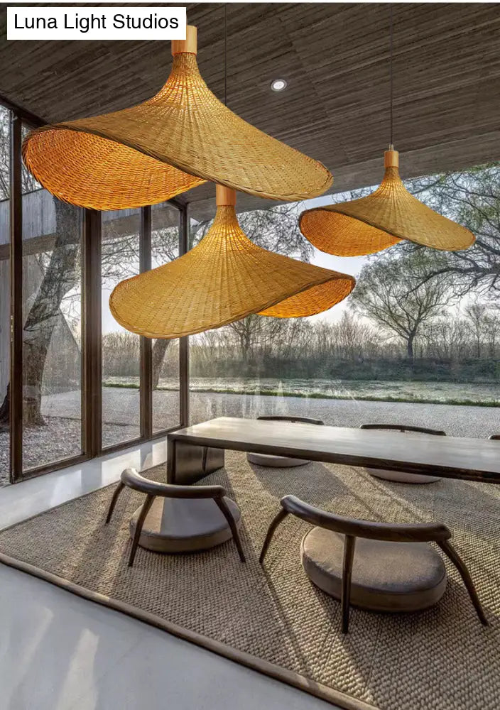 Beige Straw Hat Shape Hanging Lamp Kit Asian 1-Light Rattan Ceiling Pendant Light For Dining Table